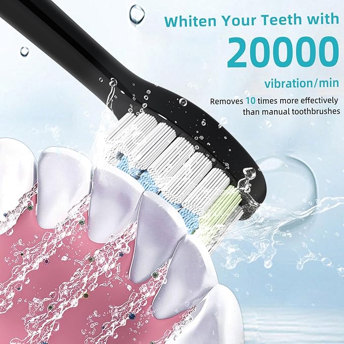 Rooman Electric Toothbrush for Adults, 20000 VPM, 5 Cleaning Modes, 90-Day Battery Life, Built-in Smart Timer, IPX7 Waterproof Rechargeable Toothbrush, 2 Interchangeable Brush Heads (Black)