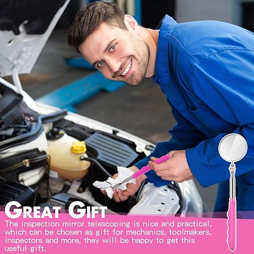 1 Pcs Telescoping Inspection Mirror Mechanics Automotive Tool with Long Handle Extendable Mirror on a Stick for Technicians Mechanics Contractors Checking Observation(Pink,Round)
