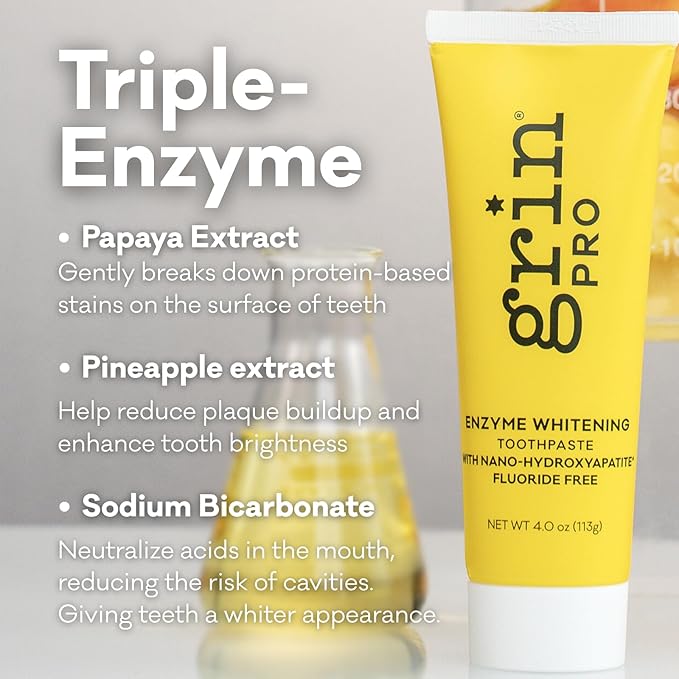 Grin Pro Enzyme Whitening with Nano Hydroxyapatite Toothpaste, Fluoride Free, Reduce Plaque Biofilms, Promoting Cleaner, Whiter Teeth, 113g Natural Ingredients New Zealand Manufactured