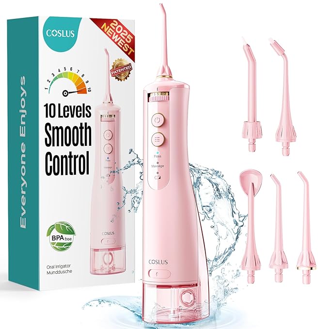 COSLUS Portable Water Flosser for Teeth: 10 Pressure Settings Professional Water Dental Pick for Orthodontic, Braces & Sensitive Gums - Cordless for Travel Use, for Adults Teens, BPA-Free, E40