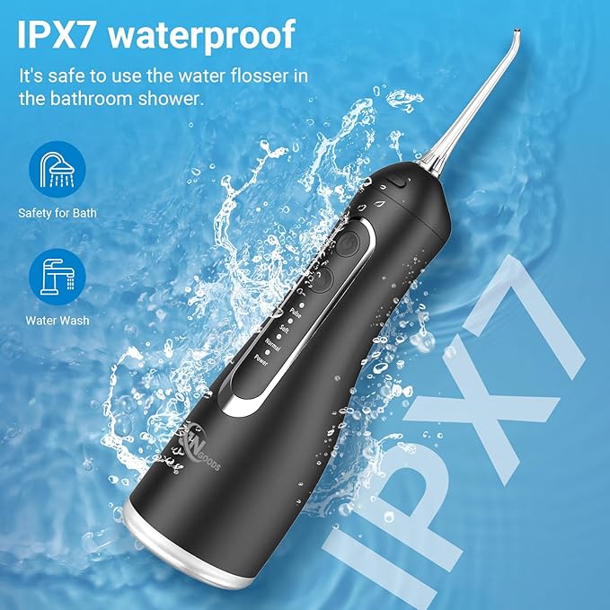 Cordless Water Dental Flosser Oral irrigator,JNGOODS 300ml Rechargeable Water flosser for Teeth IPX7 Waterproof 4 Modes Portable Oral Irrigator with 4 Jet Tips, Travel Home use
