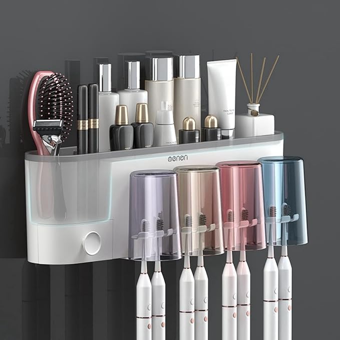 No-Drill Wall Mounted Toothbrush Holder, Bathroom Shelf, with 1 Automatic Toothpaste Dispenser 6 Brush Hooks Cups 1 Cosmetic Drawer Organizer and Large Storage (1 Dispenser + 3 Cups)