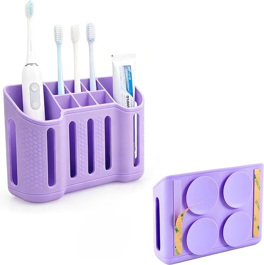 Wall-Mounted Silicone Toothbrush Holders for Bathrooms, Electric Toothbrush, Shaver and Toothpaste Holder, Multiple Slots, Suction Pad& Adhesive Tape, Bathroom Organizer, Bathroom Accessories (Purple)