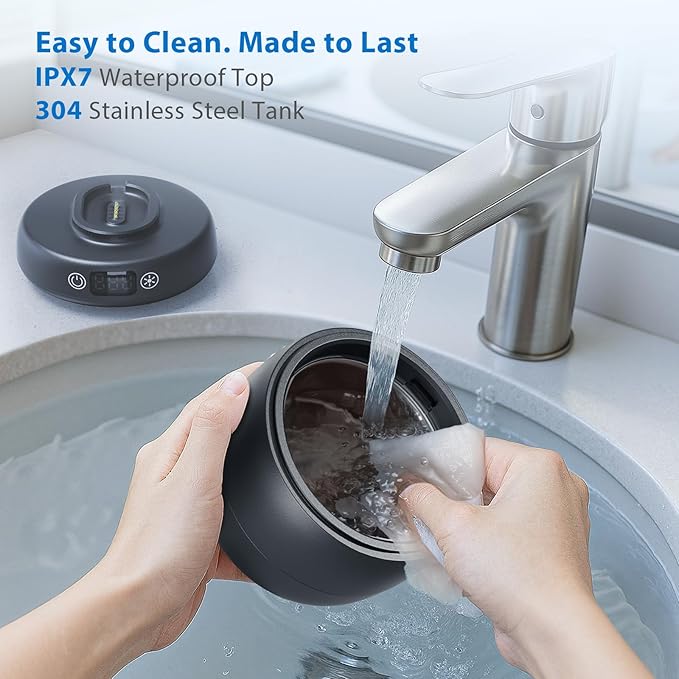 Ultrasonic Retainer Cleaner Machine, 42kHz Professional for Dentures, Aligners, Mouth Guards, Jewelry - IPX7 Waterproof Durable Removable Base and Top Cover, 3 Timer Settings, Quiet Black