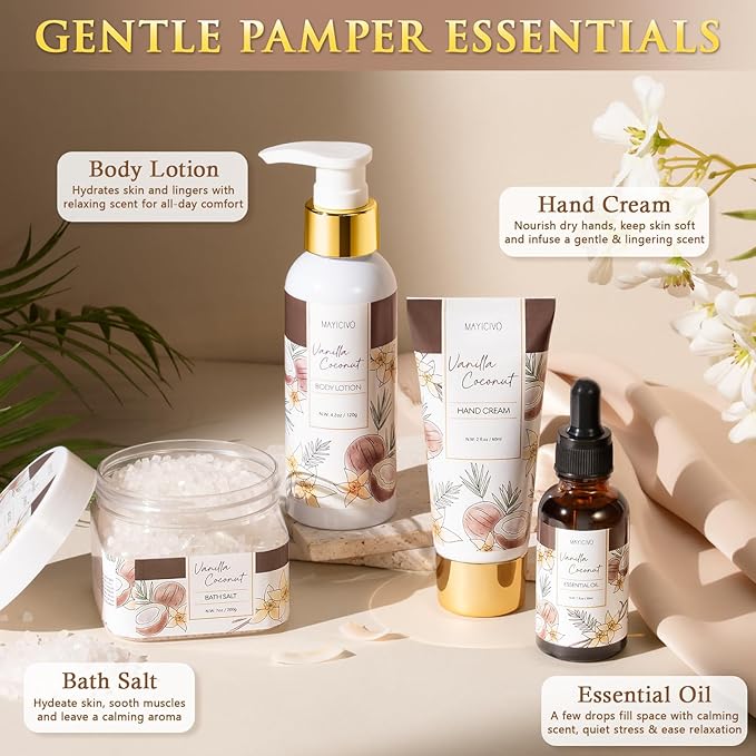 Birthday Gifts for Women, Vanilla Coconut Relaxing Spa Gift Baskets for Women Self Care Package Bath Gift Set, Home Bath and Body Kit Pamper Valentines Day Gifts for Her Womens Mom Friends Sister Wife