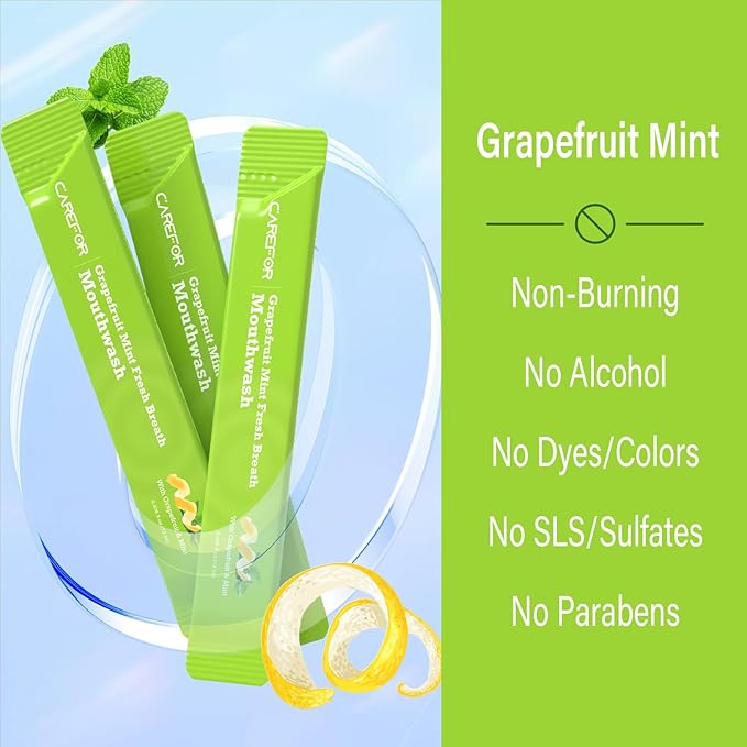 Travel Size Mouthwash Packets – Individual Mini, Alcohol & Fluoride Free, Grapefruit Mint Flavor, Mouthwash to Go for On-The-Go Freshness, Bulk Packets 0.41 Fl Oz