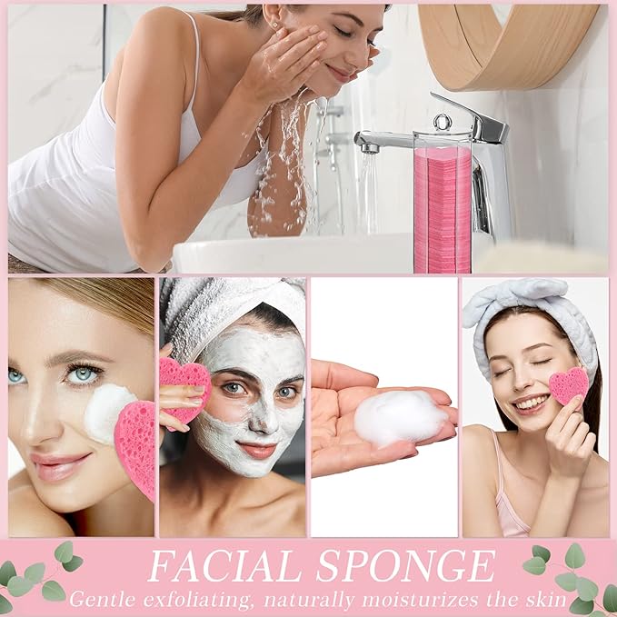 Sieral 120 Pcs Compressed Facial Sponges with Container Disposable Face Sponge Pads for Washing Face Cleansing Exfoliating Esthetician Makeup Removal(Heart,Pink)