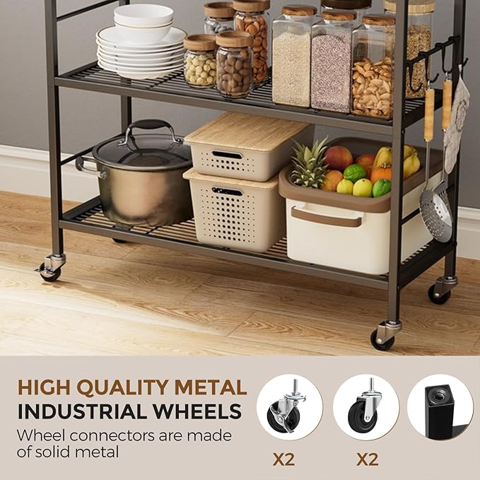 XIVIRACK 3-Tier Metal Storage Rack with Industrial Wheels,Mesh Shelving Unit with Wooden Table top,Adjustable Shelf,31.5-Inch Width, for Kitchen, Laundry,Pantry,Plant,Black