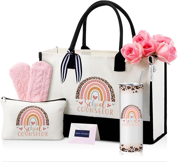 Geiserailie 8 Pcs Counselor Gifts for Women Including Large Tote Bag Cosmetic Bags Tumbler Cup Plush Socks Metal Keychain Card and Envelope for National Counseling Week Thank You Gifts