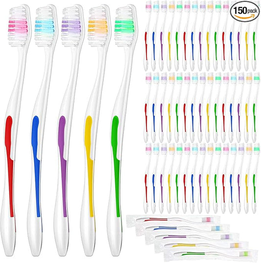 Chengu 150 Pack Individually Wrapped Bulk Toothbrush Disposable Travel Colorful Soft Bristle Ergonomics Handle Toothbrush for Travel, Hotel, Donation,Homeless