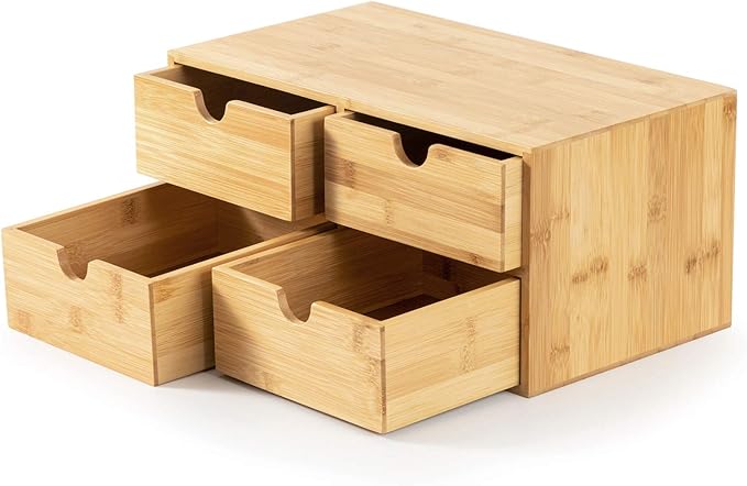 Wisuce Bamboo Desk Organizer - Mini Desktop Drawer Tabletop Storage Organization Box for Office Home Toiletries Supplies, No Assembly Required (4 Drawer)