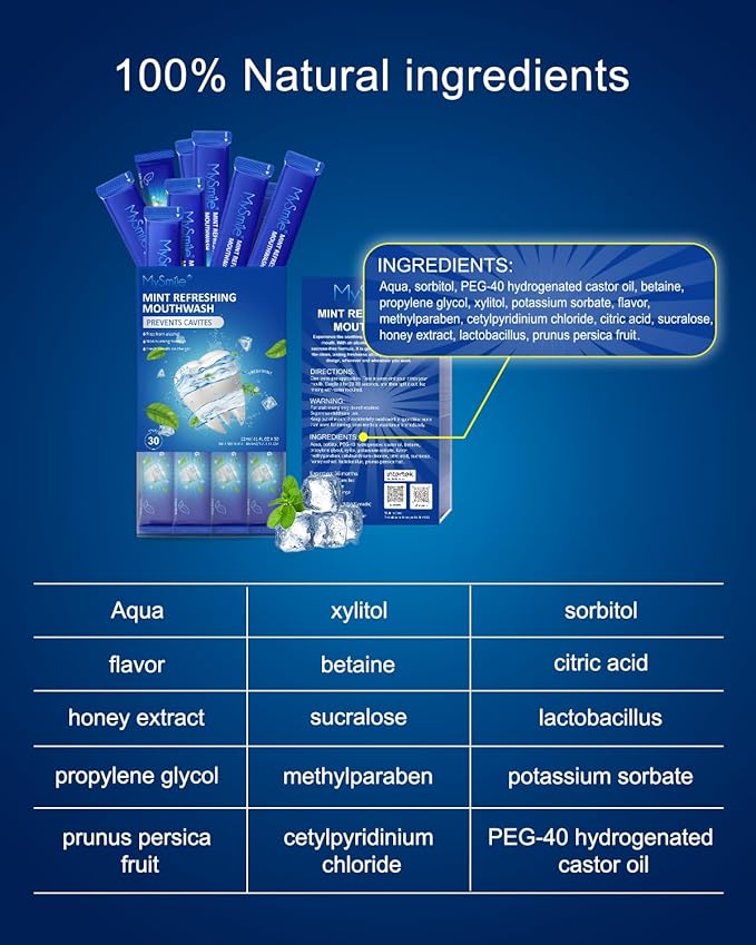 MySmile Mouthwash Alcohol Free, Mouth Wash for Adults, Travel Mouthwash, Oral Rinse Helps Kill 99% of Bad Breath Germs, Prevents Cavities, Fluoride Free, Fresh Mint, 30 Uses
