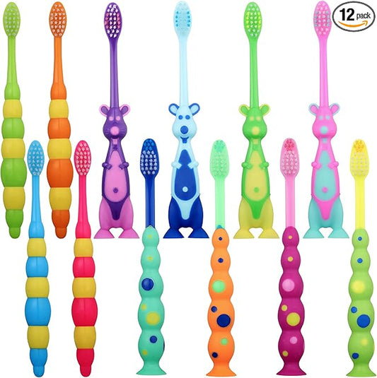 12-Piece Toddler Toothbrush Pack - Kids Toothbrushes with Covers, Suction Cup, Soft Bristles, Animal Design for Sensitive Teeth