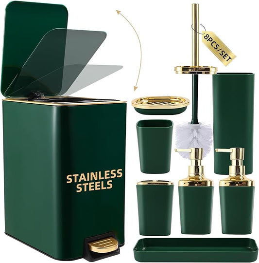 Bathroom Set Bathroom Accessories Set 8 Piece Green and Gold Bathroom Set, Bathroom Sets with Stainless Steel Trash Can,Toilet Brush,Toothbrush Set,Soap Dispenser