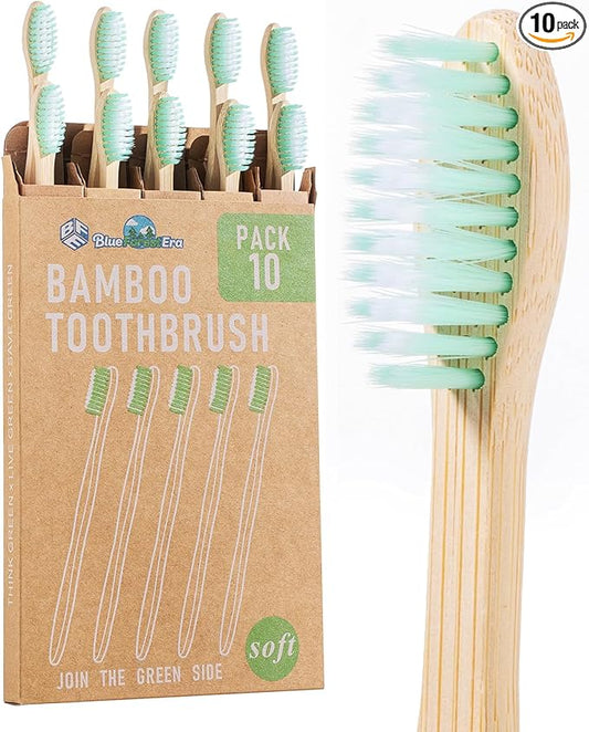 Bamboo Toothbrushes 10 Count Set, BPA Free Soft PBT Bristles, Natural Eco-Friendly Wooden Toothbrush, Organic Biodegradable Travel Tooth Brush for Adults