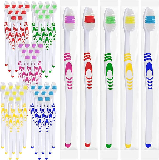 Lingito 50 Bulk Travel Toothbrushes, Individually Wrapped Portable, Manual Disposable Set for Adults and Children, Multi Color Kit (Medium Bristle)