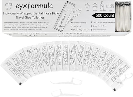 Eyxformula 500 Count Individually Wrapped Floss Picks, Disposable Mini Travel Size Dental Flossers, Bulk Individual Floss Sticks for Hotel Office Car Guest Bathroom On-The-Go Oral Care Teeth Clean