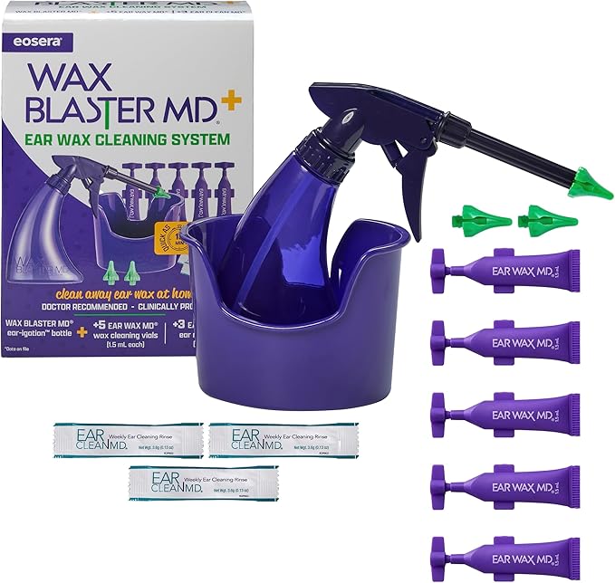 eosera® WAX BLASTER MD+ Cleaning Kit - Earwax Dissolver for Adults & Kids - Fast Acting, Doctor Recommended, Clinically Proven - Complete Irrigation Kit with 3 Ear Clean MD Packets & 5-ct Single Use Ear Wax MD Vials - Works in 15 Minutes
