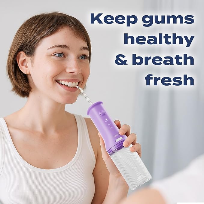 7AM2M Portable Cordless Water Flosser, Oral Irrigator with 3 Modes & 2 Tips, Fast Rechargeable, IPX7 Waterproof, Dental Water Flosser for Travel and Home Use (Purple)