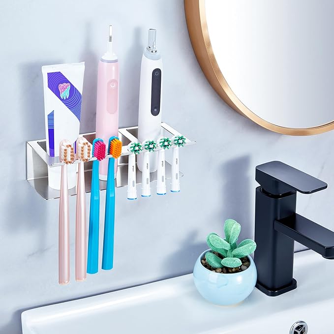 Electric Toothbrush Head Holders, Electric Toothbrush Holders Wall Mounted, Shower Electric Head Holder, Toothbrush and Toothpaste Holder, Tooth Brushing Holder for Bathroom (Silver, Large)
