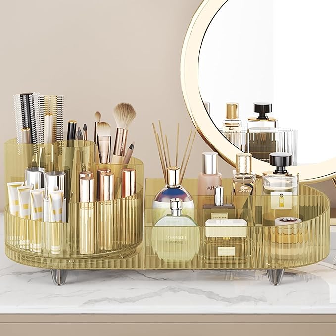 Makeup Organizer Countertop Rotating Makeup Organizer for Vanity Large Capacity Cosmetic Display Case with Makeup Brush Holder Cosmetic Organizer Countertop（Amber