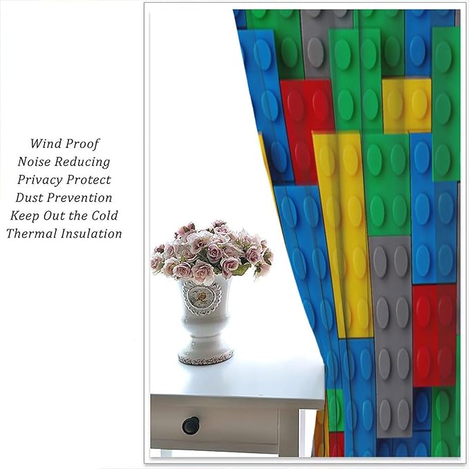 Kids Building Blocks Toy Curtains for Kids Room W42 x L54 Inch Rod Pocket Contour Plastic Colorful Toy Bricks Geometric Print Pattern Curtains for Boys Girls Bedroom 2 Panels
