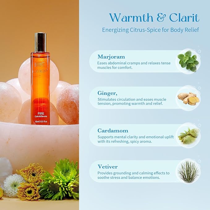 MATRUM Ease Menstrual Discomfort Blend Essential Oil Roll On, 100% Pure Arometherapy Roller for Soothe Pain and Restore Strength, Warm Calming & Relaxation, Fire and Water Duo, 1 Fl Oz
