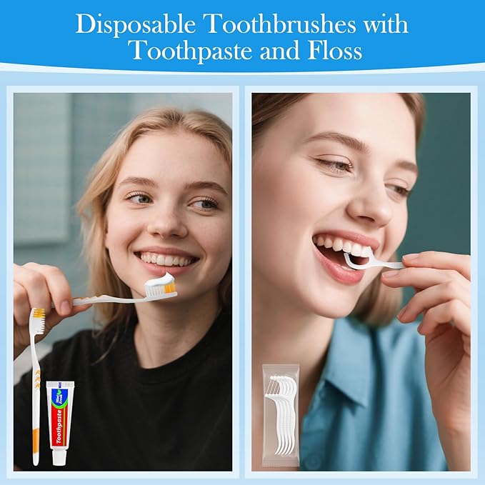 HOIQIRY Disposable Toothbrushes with Toothpaste Set - Pack of 50,Individually Wrapped Personal Hygiene Kits in Bulk 5-in-1 Travel Size Convenience Kits for Hotel,Camping,Guest,Homeless,Charity,Church