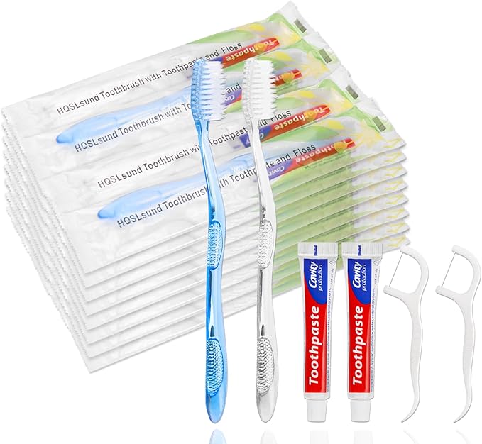 50 pcs Disposable Toothbrushes with Toothpaste Floss Individually Wrapped, 2 Color Toothbrush, 10g Toothpaste, Floss Pick, Bulk Toothbrush for Homeless,Airbnb,Hotel,Guest