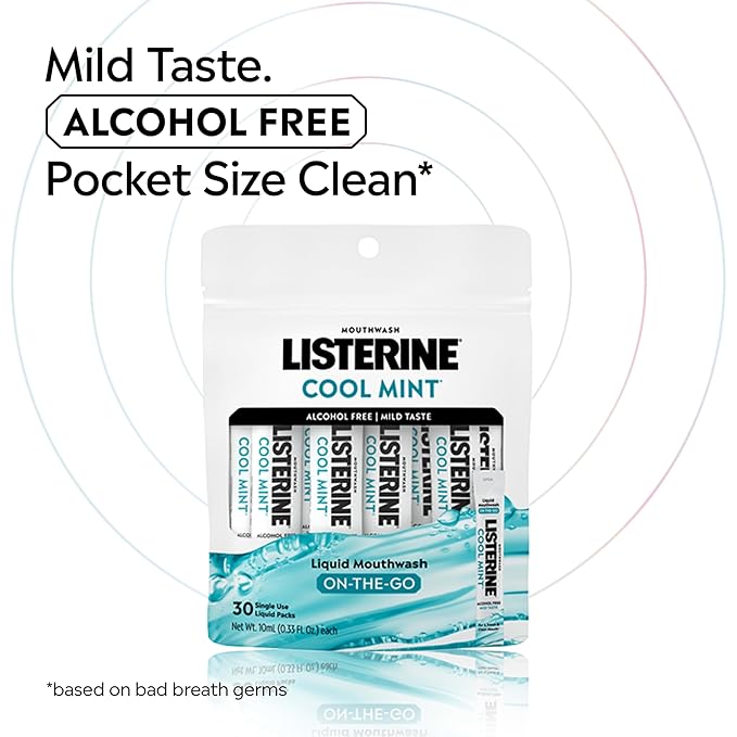 Listerine On-The-Go Cool Mint Alcohol Free Mouthwash Packets, Oral Rinse in Individual Packets Kills Bad Breath Germs, Less Intense Taste, Cool Mint Flavor, Mini Travel Size, 0.33 fl oz., 30 Pack