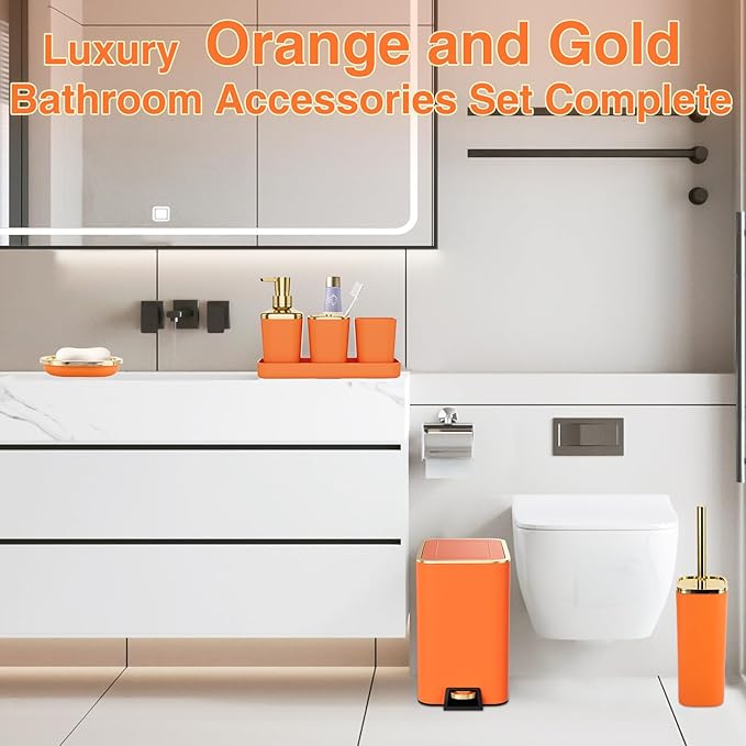 Bathroom Accessories 8 Piece Orange and Gold Bathroom Set, Bath Accessories with Stainless Steel Trash Can,Toilet Brush,Toothbrush Set,Soap Dispenser