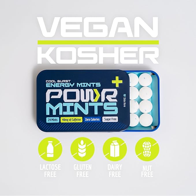 POWR Energy Mints - 24 Mints, 40mg of Caffeine Per Mint, Sugar Free, Zero Calories, No Aspartame - Pre-Workout, Cycling, Running, Endurance - Focus & Energy
