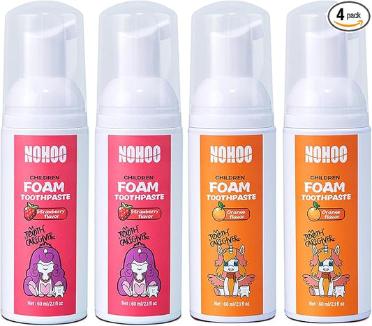 NOHOO Fluoride Free Foam Toothpaste Kids Fruit Flavour,Natural Training Toothpaste for Baby Toddler Children Oral Cleaning and Cavity Protection (2 Strawberry + 2 Orange)