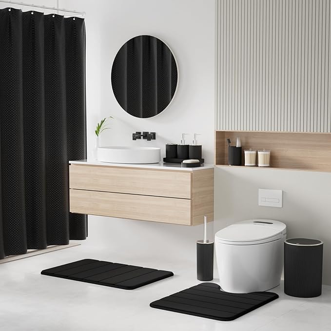 Black Bathroom Accessories Set - Bathroom Sets, 25PC Bath Accessory Set, Bathroom Sets with Push Top Trash Can, Shower Curtain and Rugs, Toilet Brush, Trash Can & Soap Dispenser
