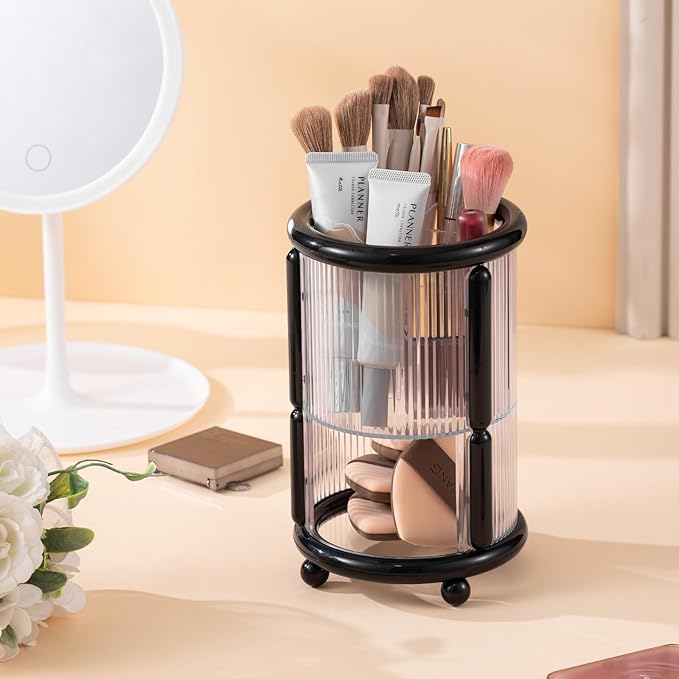 Makeup Brush Holder, 2 Tier Clear Cosmetic Tools Organizer, Round Makeup Organizer for Vanity Countertop (Black)