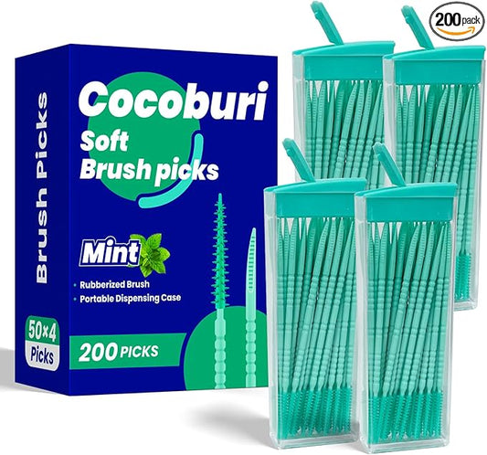 2-in-1 Interdental Pick-Soft Rubberized Brush Picks-Textured Plaque Removing Toothpick-Travel Hotel Restaurant Office Car-Comes with a Travel Case for On-The-Go Use-Mint -200 Count