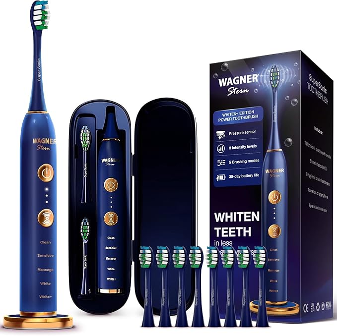 Wagner Stern WT8900 Series Electric Toothbrush – Whitening & Pressure Sensor, 5 Modes, 3 Intensities, 8 Soft Brush Heads, Rechargeable, Travel Case Included