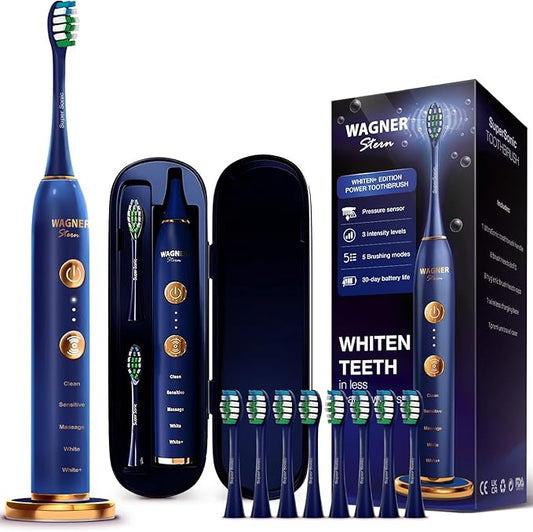 Wagner Stern WT8900 Series Electric Toothbrush – Whitening & Pressure Sensor, 5 Modes, 3 Intensities, 8 Soft Brush Heads, Rechargeable, Travel Case Included