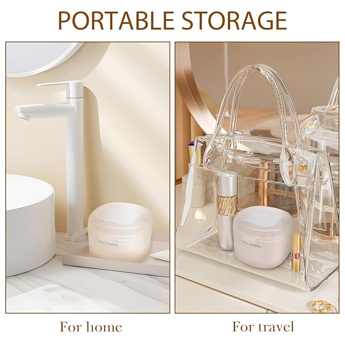 Denture Bath Case with Mirror, False Teeth Container Cups Holder for Storage Soaking Travel Cleaning, Mouth Guard Retainer Case Kit with Strainer Basket, Removal Tool and Cleaning Brush (White)