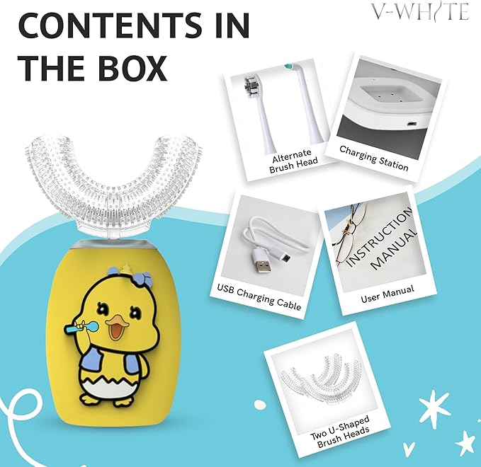 V-WHITE Ultrasonic U-Shaped Toothbrush For Teeth Whitening, Electric Toothbrush - 360° Mouth Cleansing, Hands Free Gums Protection - Wireless Charging - Waterproof IPX7 Certified (YELLOW - KIDS, KIDS)