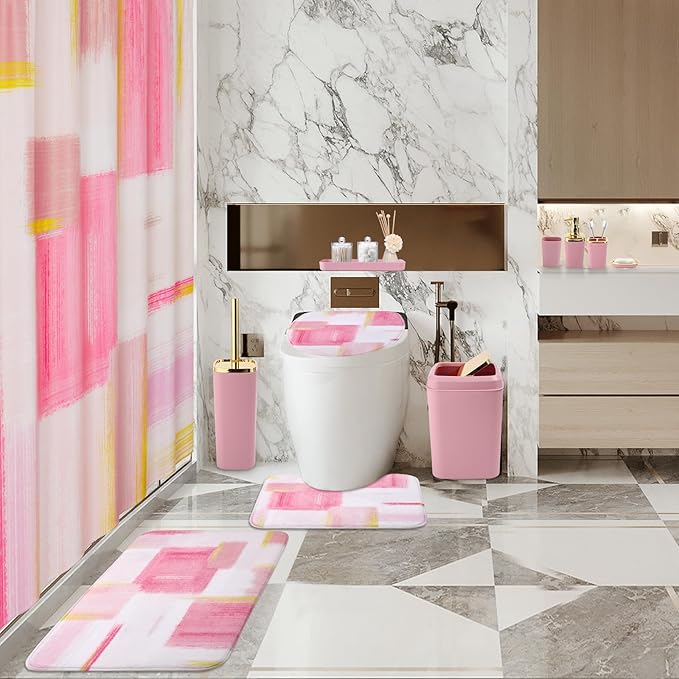 Bathroom Set - Pink and Gold Bathroom Accessories Set, Bathroom Sets with Shower Curtain and Rugs, Pink Shower Curtain Set with Bathroom Trash Can, Soap Dispenser, Soap Dish for Home Decor