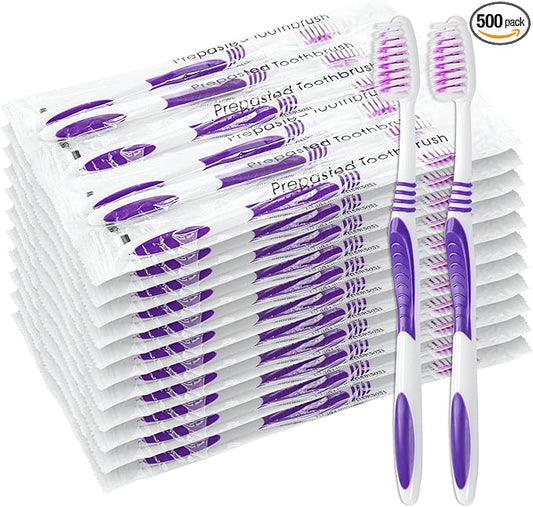 500 Prepasted Disposable Toothbrushes Individually Wrapped Pre Pasted Toothbrushes Soft Bristle Travel Tooth Brush Single Use Wrapped for Hotel, Camping, Travel and Gift for The Homeless (purple)