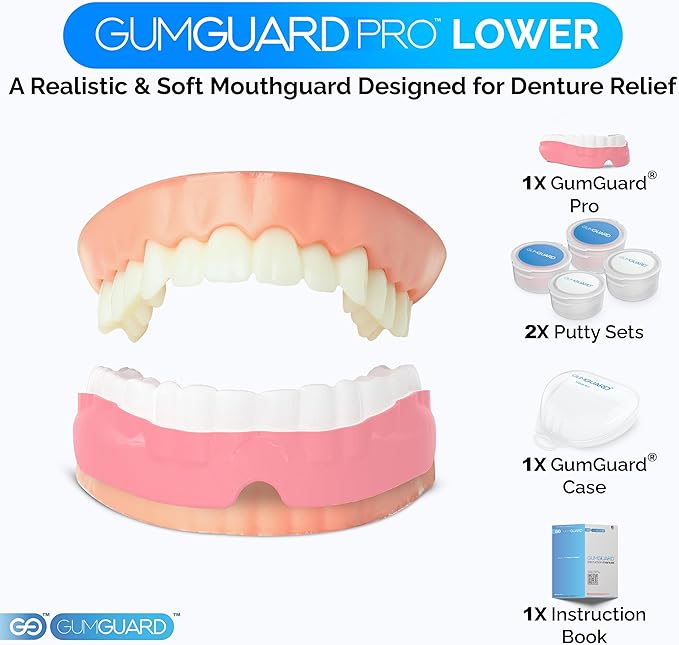 GumGuard PRO Denture Mouthguard Set - Soft, Customizable Fit Relief for Grinding & Clenching - Ideal for Denture Wearers & Implant Patients Lower White and Pink Pro Guard Set