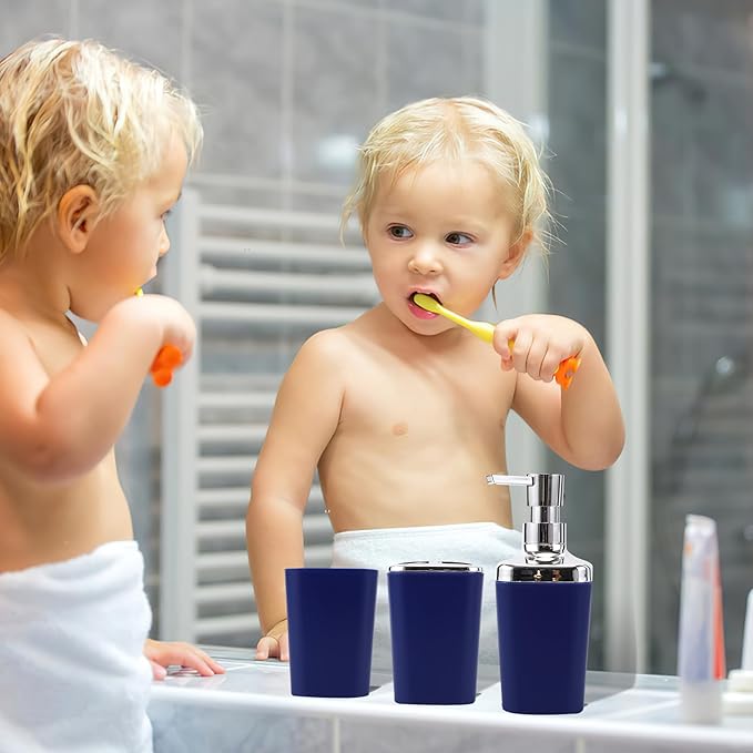 Blue Bathroom Accessories Set, Bathroom Sets with Shower Curtain, Navy Blue Bathroom Accessories with Trash Can, Soap Dispenser, Soap Dish, Toilet Brush Holder, Qtip Holders for Bathroom