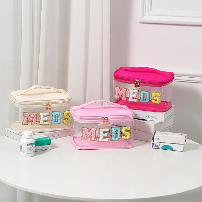 Large Waterproof Chenille Letter Medicine Clear Makeup Bag, Transparent PVC Nylon Preppy Patch Cosmetic Bag with Handle, Portable Meds First Aid Travel Organizer Cosmetic Bag (06MEDS- Beige)