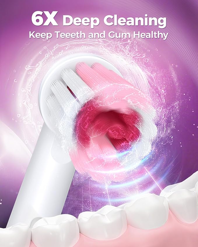 Rotating Electric Toothbrush with 8 Brush Heads for Adults and Kids, 3 Modes Rechargeable Power Toothbrush with 2-Minute Smart Timer, 45-Day Battery, Pink
