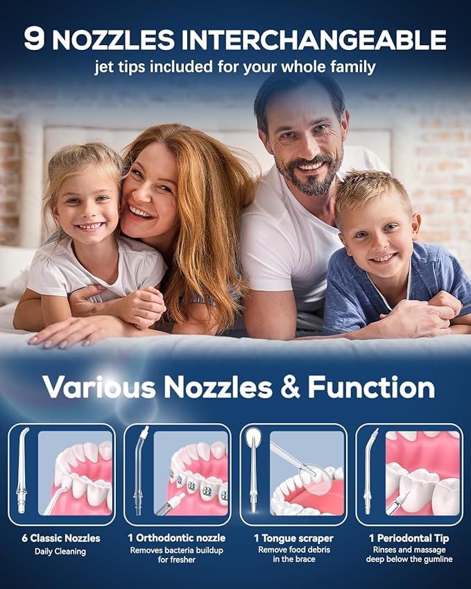 JTF Water Dental Flosser Picks for Teeth - 4 Modes Cordless Oral Irrigator, 300ML Portable Water Flosser & Rechargeable IPX7 Waterproof Water Teeth Cleaner for Home Travel with 9 Jet Tips (Black)