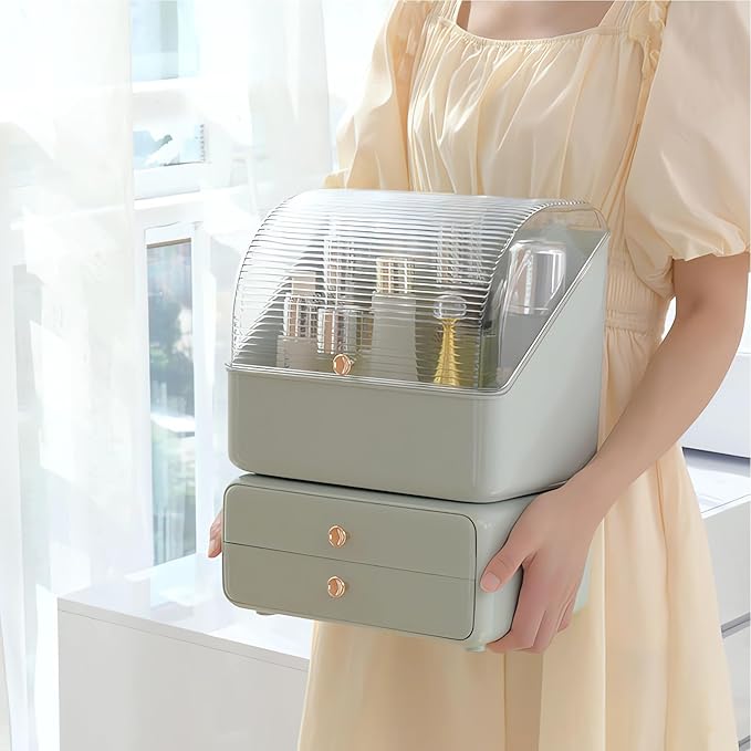 Large Makeup Organizer with Brush Holder, Makeup and Skincare Organizer for Vanity, Cosmetics Skincare Organizers with Lid and Drawers for Countertop, Bathroom, Dresser, Ideal Gifts for Women