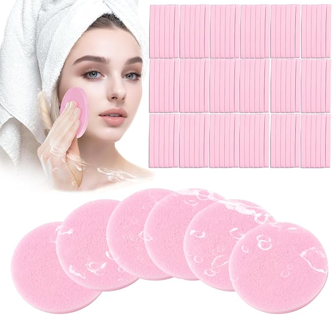 Compressed Facial Sponge,Reusable Makeup Blender 60 Count,Soft Round Wash Sponges for Estheticians Makeup Removal,Face Cleansing Exfoliating Compress Spa Pads for Women,Pink