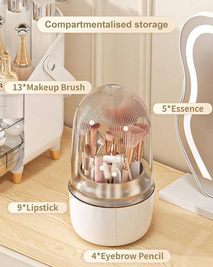 Makeup Brush Holder for Vanity - 360 Rotating Makeup Brush Organizer (Thicken Upgraded), Toothbrush Holder with Cover, Cosmetic Organizer (White)